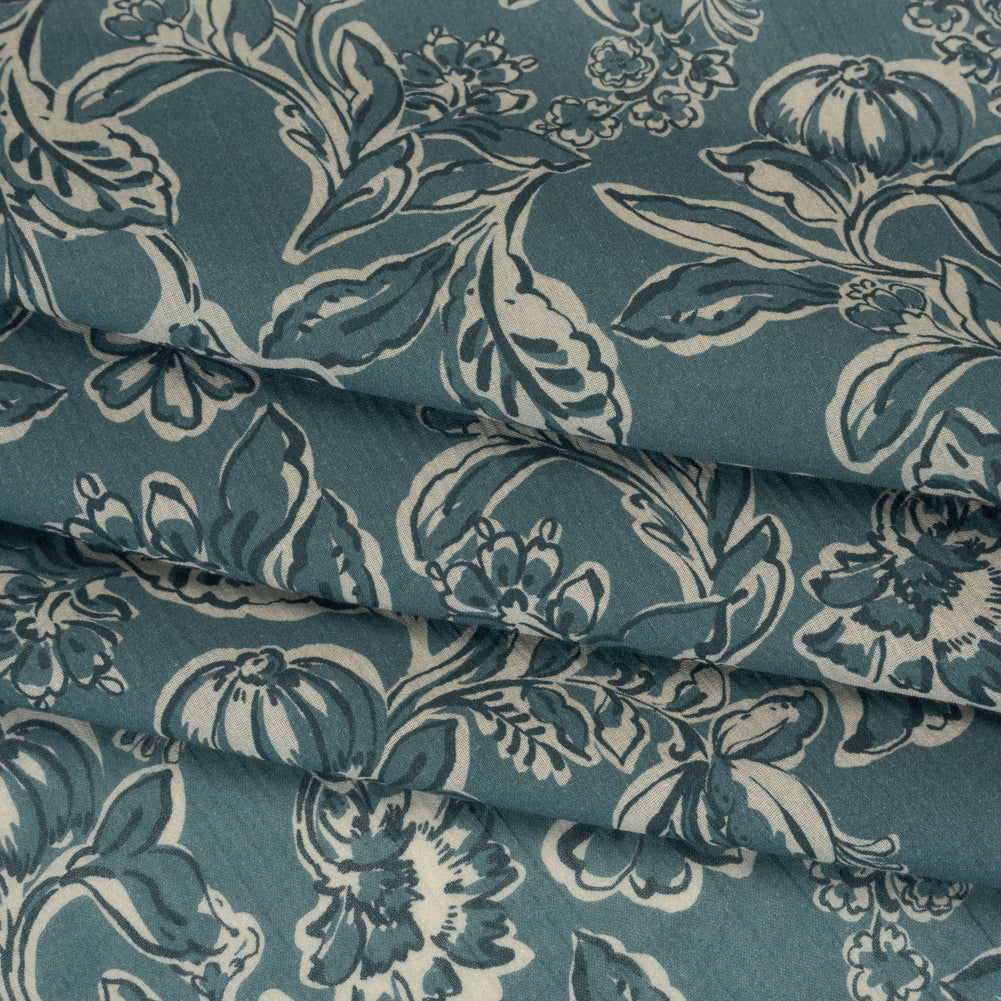 Crinkled Cotton Gauzy Woven - Sea Blue, Cream and Black Floral - Mood Exclusive Cottage Crawl Print Folded