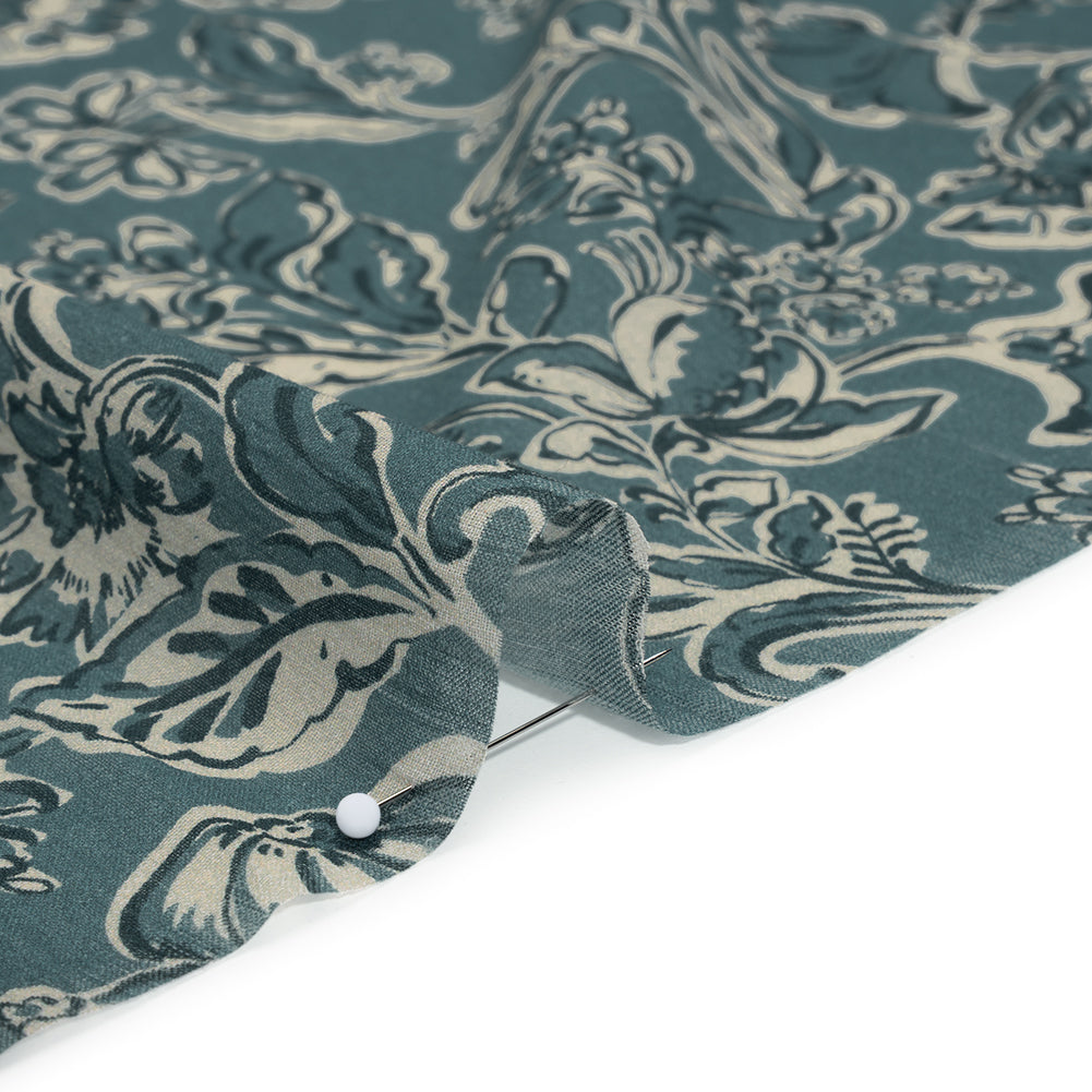 Crinkled Cotton Gauzy Woven - Sea Blue, Cream and Black Floral - Mood Exclusive Cottage Crawl Print Detail