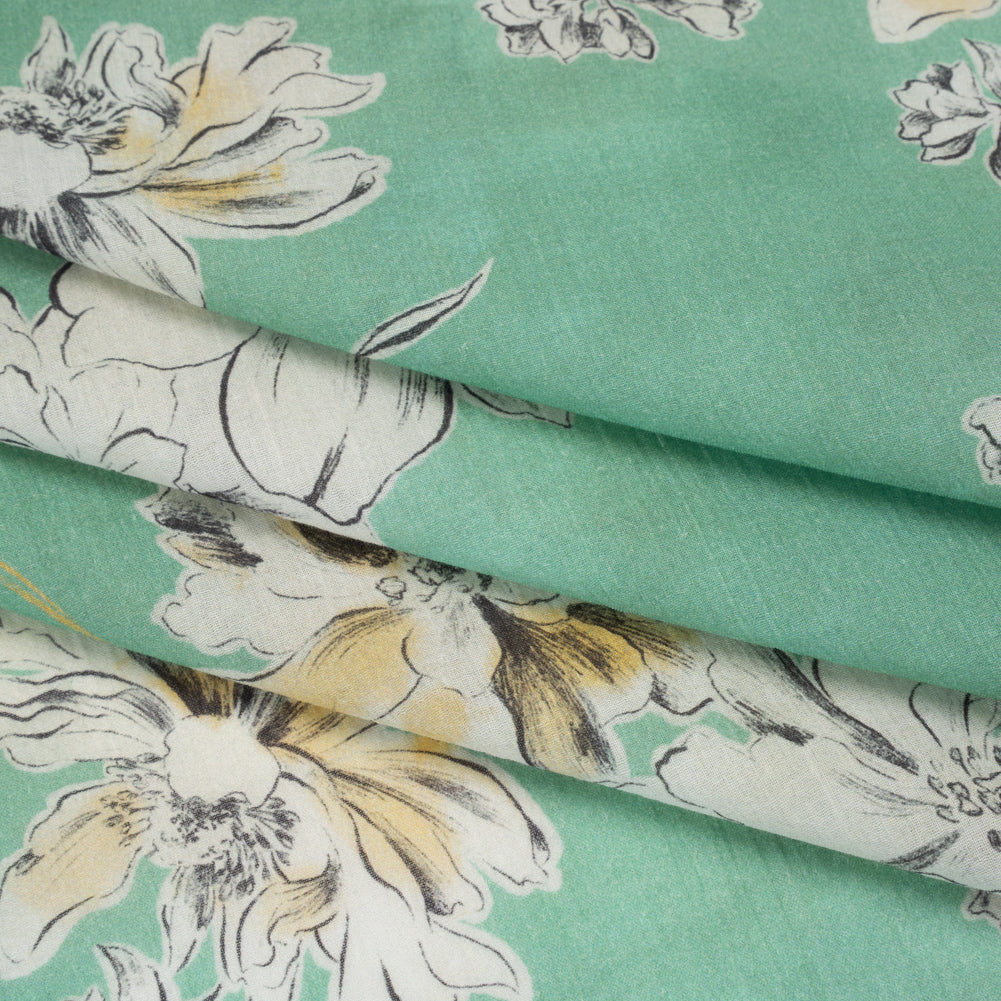 Crinkled Cotton Gauzy Woven - Mint Green, Golden Yellow and Off White Floral - Mood Exclusive Color Me Chrysanthemum Print Folded
