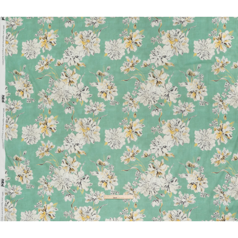 Crinkled Cotton Gauzy Woven - Mint Green, Golden Yellow and Off White Floral - Mood Exclusive Color Me Chrysanthemum Print - Full