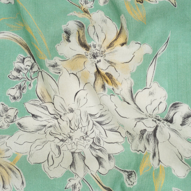 Crinkled Cotton Gauzy Woven - Mint Green, Golden Yellow and Off White Floral - Mood Exclusive Color Me Chrysanthemum Print