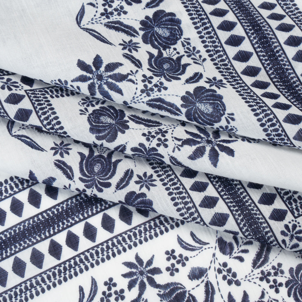 Crinkled Cotton Gauzy Woven - White and Navy Blue Floral Embroidery Squares - Mood Exclusive Porcelain Petals Print