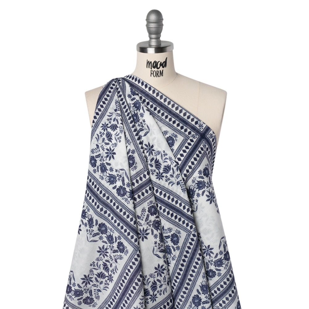 Crinkled Cotton Gauzy Woven - White and Navy Blue Floral Embroidery Squares - Mood Exclusive Porcelain Petals Print