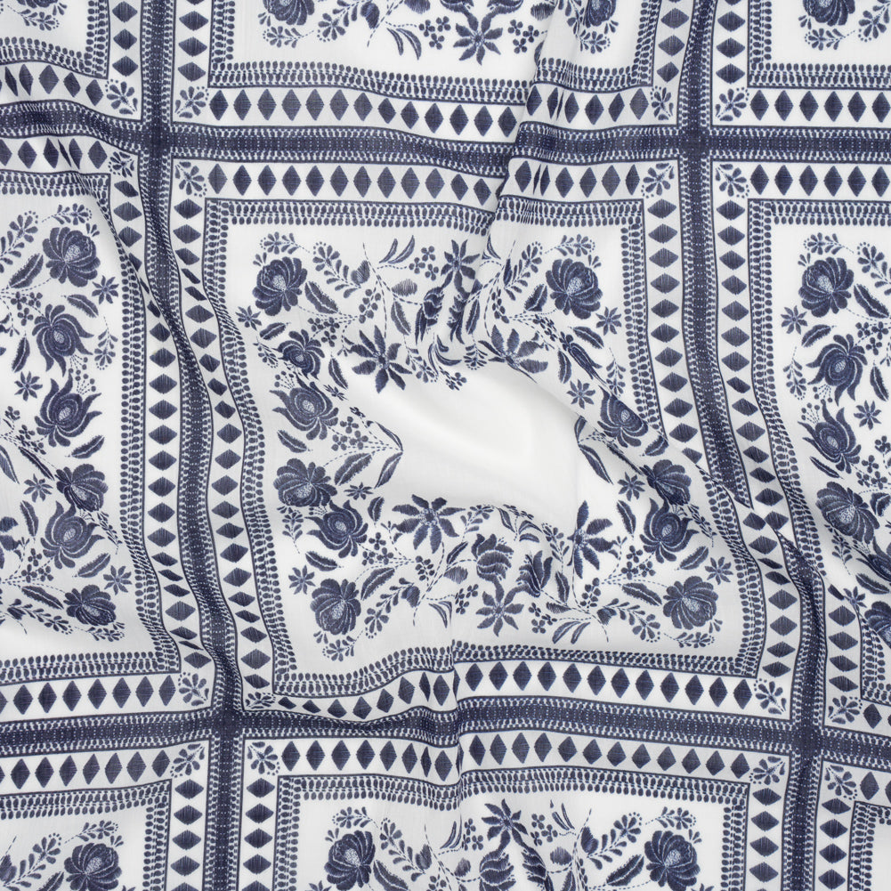 Crinkled Cotton Gauzy Woven - White and Navy Blue Floral Embroidery Squares - Mood Exclusive Porcelain Petals Print