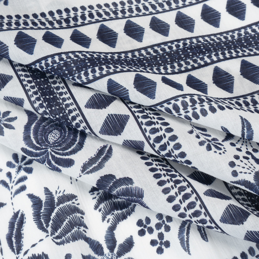 Crinkled Cotton Gauzy Woven Panel - White and Navy Blue Big Floral Embroidery Squares - Mood Exclusive Porcelain Petals Print