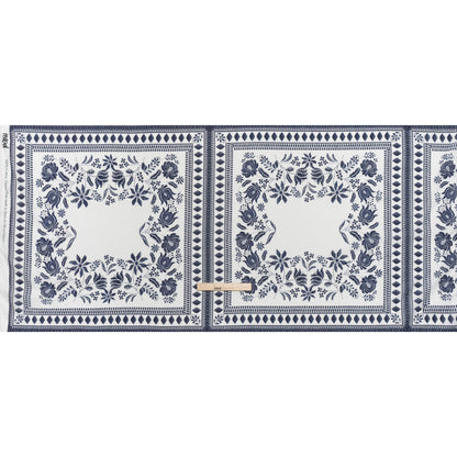 Crinkled Cotton Gauzy Woven Panel - White and Navy Blue Big Floral Embroidery Squares - Mood Exclusive Porcelain Petals Print