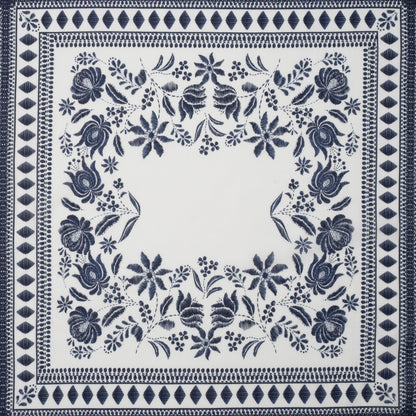 Crinkled Cotton Gauzy Woven Panel - White and Navy Blue Big Floral Embroidery Squares - Mood Exclusive Porcelain Petals Print
