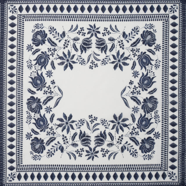Crinkled Cotton Gauzy Woven Panel - White and Navy Blue Big Floral Embroidery Squares - Mood Exclusive Porcelain Petals Print