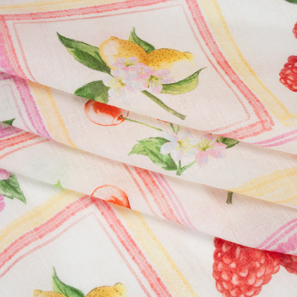 Crinkled Cotton Gauzy Woven - Pink, Yellow and Red Fruit and Blossoms Squares - Mood Exclusive Summer Medley Print