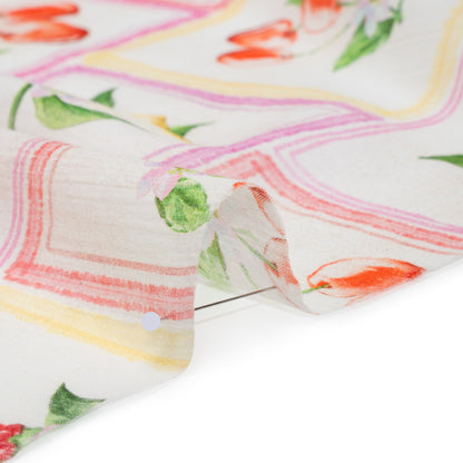 Crinkled Cotton Gauzy Woven - Pink, Yellow and Red Fruit and Blossoms Squares - Mood Exclusive Summer Medley Print