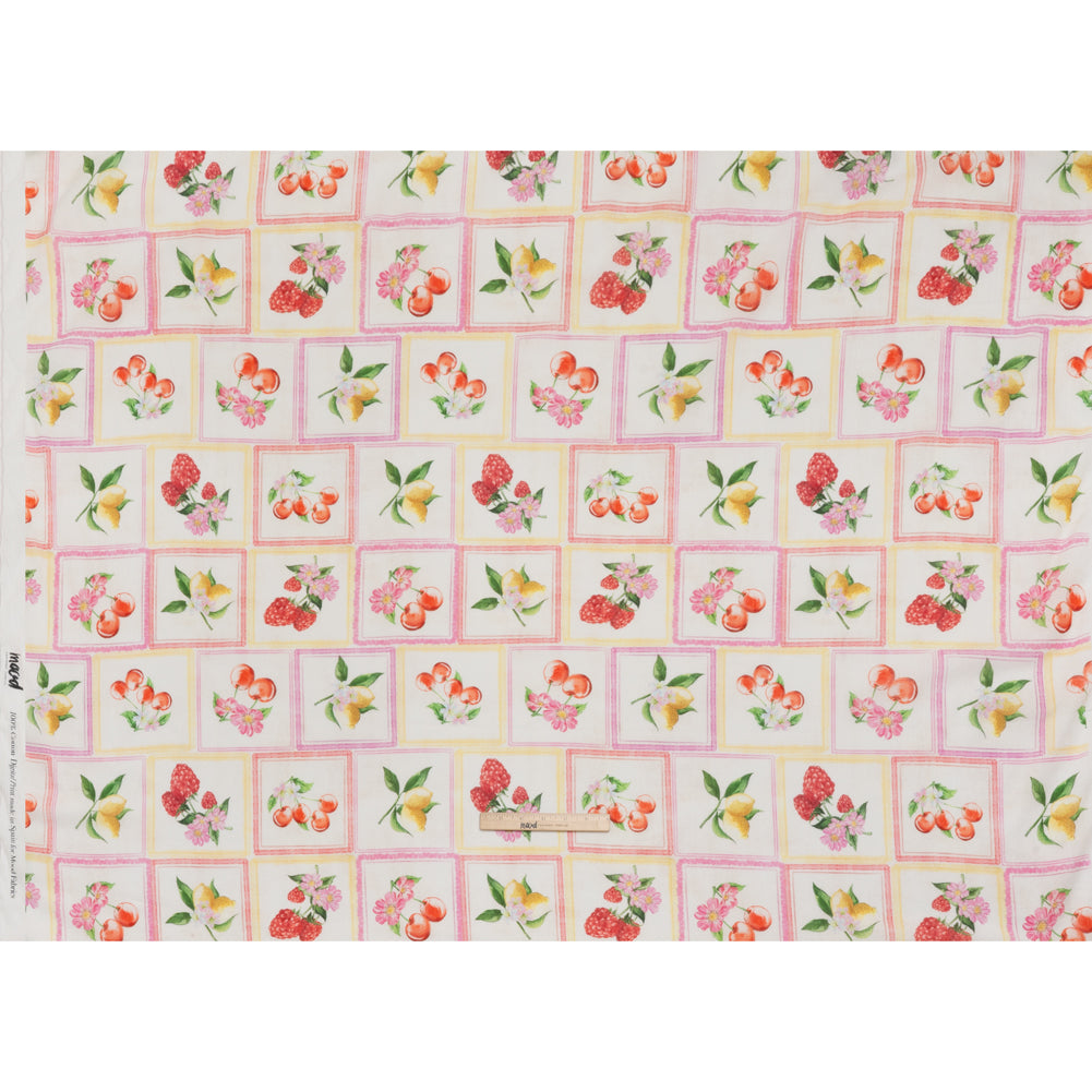 Crinkled Cotton Gauzy Woven - Pink, Yellow and Red Fruit and Blossoms Squares - Mood Exclusive Summer Medley Print