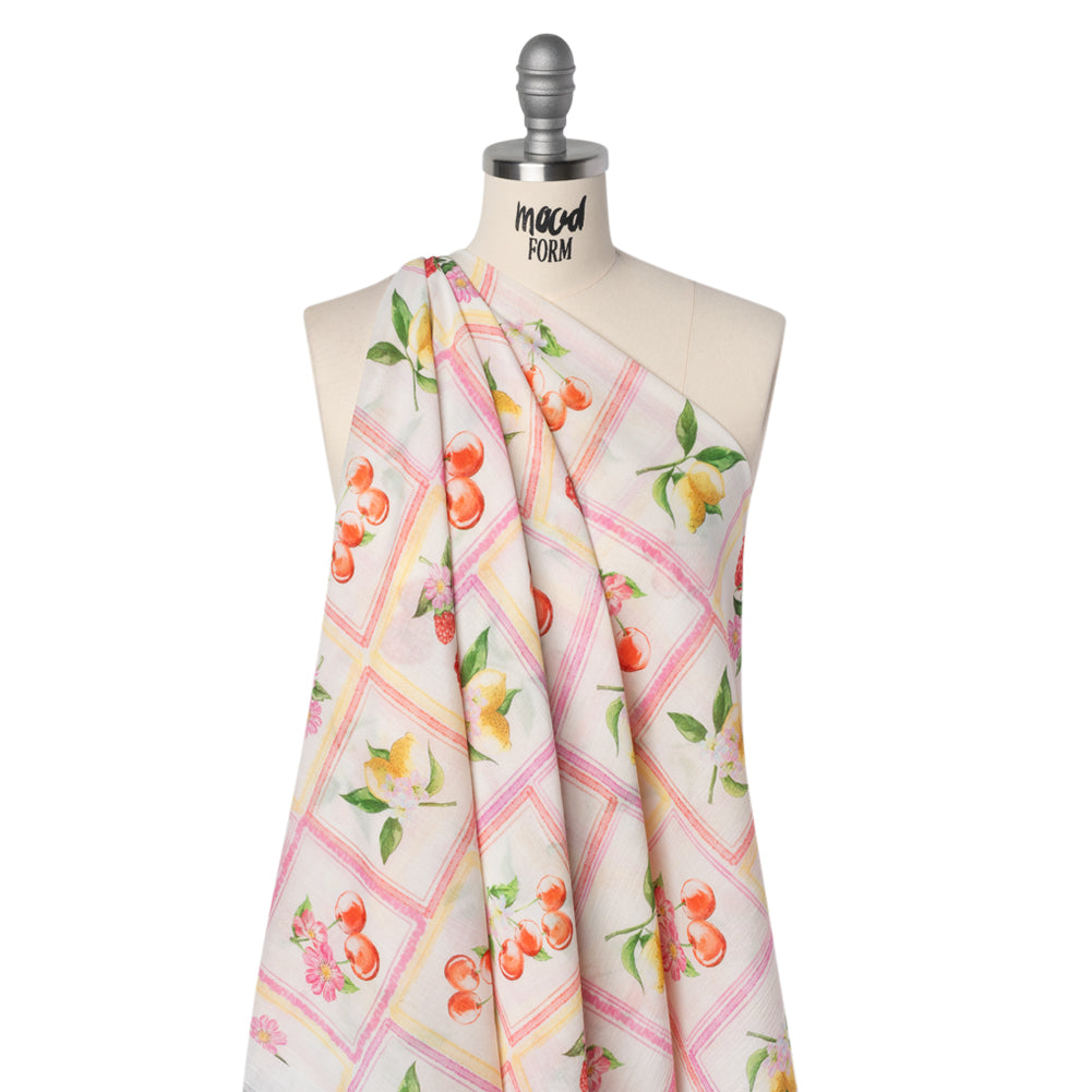 Crinkled Cotton Gauzy Woven - Pink, Yellow and Red Fruit and Blossoms Squares - Mood Exclusive Summer Medley Print