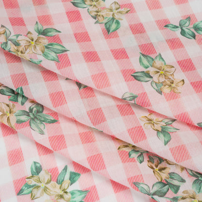 Crinkled Cotton Gauzy Woven - Pink, White and Yellow Flowers on Gingham - Mood Exclusive Picnic Petals Print