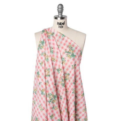 Crinkled Cotton Gauzy Woven - Pink, White and Yellow Flowers on Gingham - Mood Exclusive Picnic Petals Print