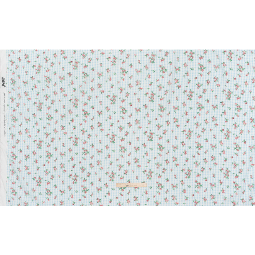 Crinkled Cotton Gauzy Woven - Blue, Pink and Green Flowers on Gingham - Mood Exclusive Picnic Petals Print