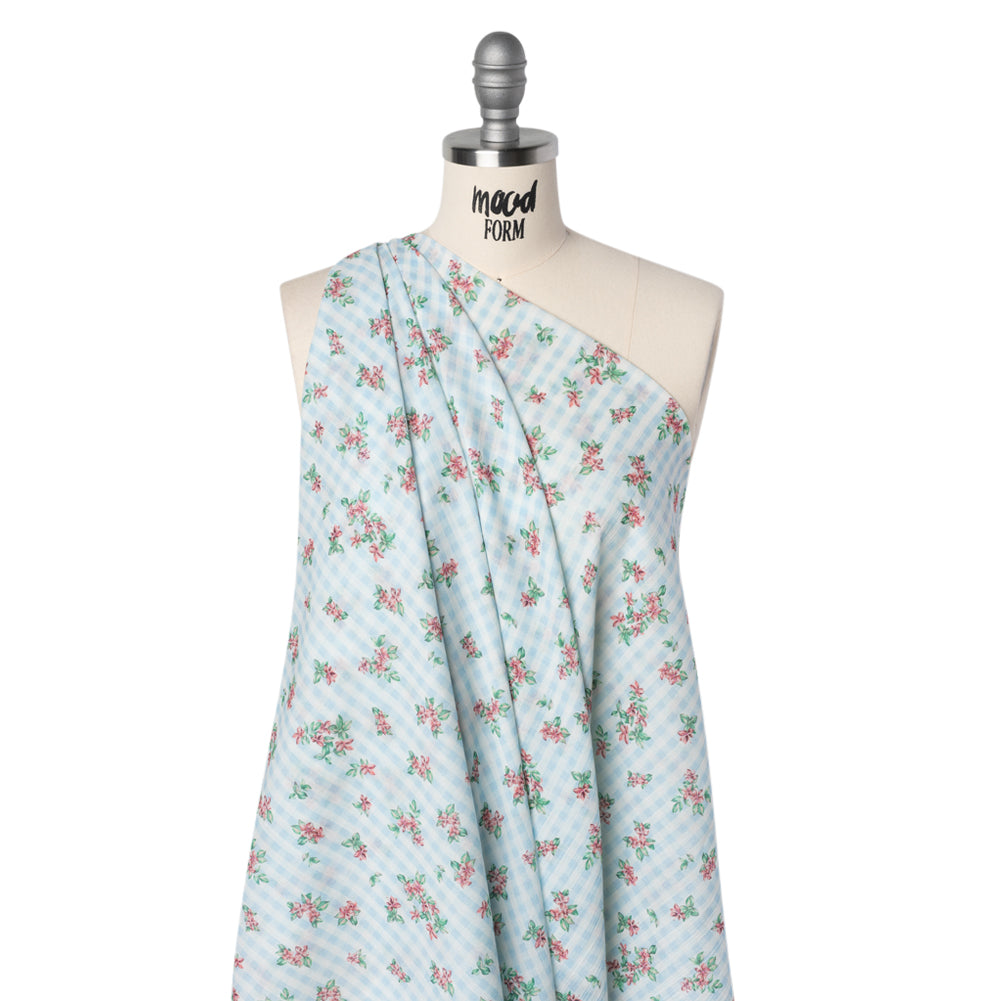 Crinkled Cotton Gauzy Woven - Blue, Pink and Green Flowers on Gingham - Mood Exclusive Picnic Petals Print