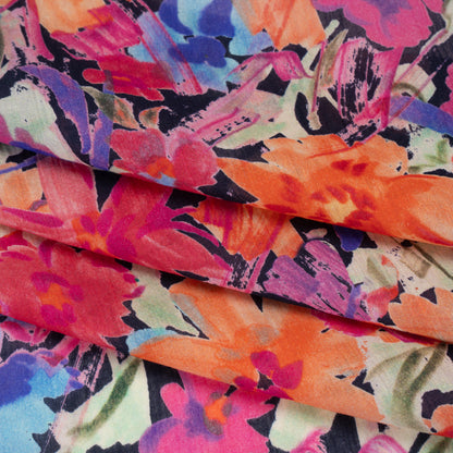 Crinkled Cotton Gauzy Woven - Hot Pink, Ultramarine Blue and Orange Floral - Mood Exclusive Electric Garden Print