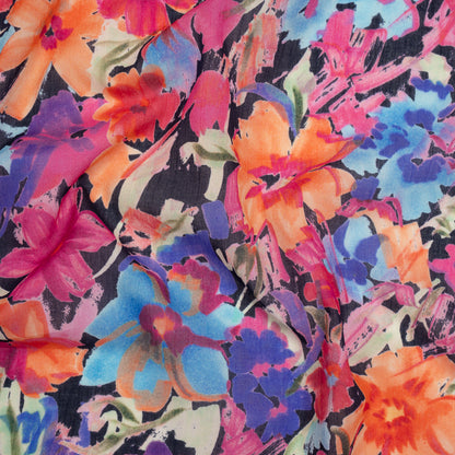 Crinkled Cotton Gauzy Woven - Hot Pink, Ultramarine Blue and Orange Floral - Mood Exclusive Electric Garden Print
