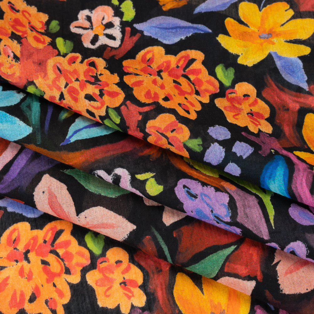 Crinkled Cotton Gauzy Woven - Orange, Green and Purple Painterly Floral - Mood Exclusive Picture Book Petals Print