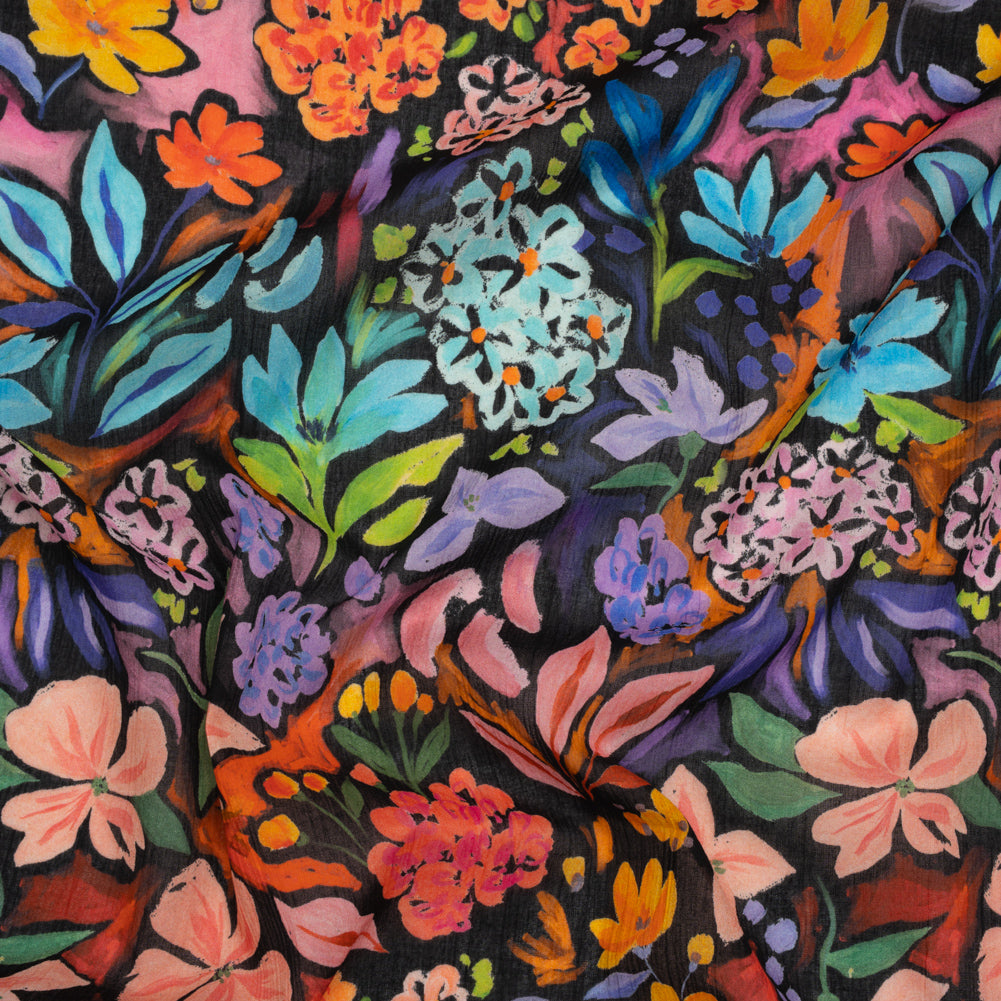 Crinkled Cotton Gauzy Woven - Orange, Green and Purple Painterly Floral - Mood Exclusive Picture Book Petals Print