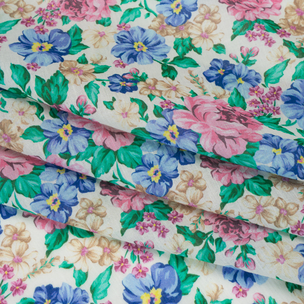Crinkled Cotton Gauzy Woven - White, Pink and Blue Florals - Mood Exclusive Secret Garden Print
