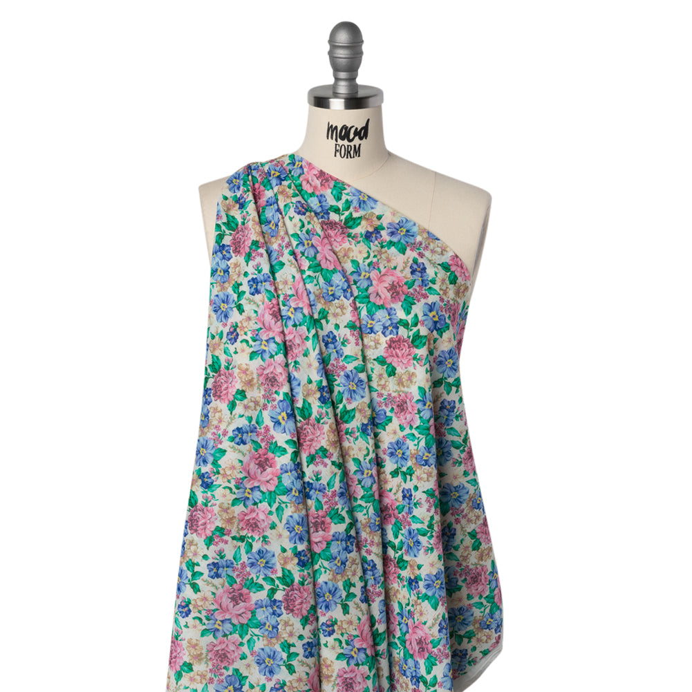 Crinkled Cotton Gauzy Woven - White, Pink and Blue Florals - Mood Exclusive Secret Garden Print