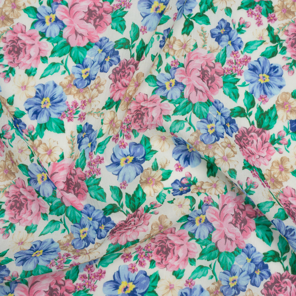 Crinkled Cotton Gauzy Woven - White, Pink and Blue Florals - Mood Exclusive Secret Garden Print