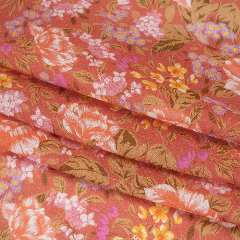 Crinkled Cotton Gauzy Woven - Coral Rose, Pink and Lavender Floral - Mood Exclusive Romantic Reverie Print