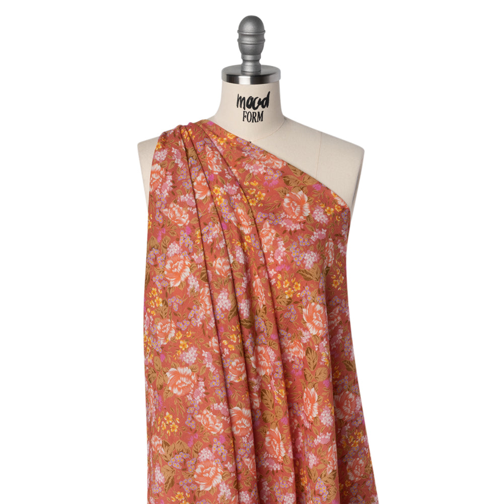 Crinkled Cotton Gauzy Woven - Coral Rose, Pink and Lavender Floral - Mood Exclusive Romantic Reverie Print