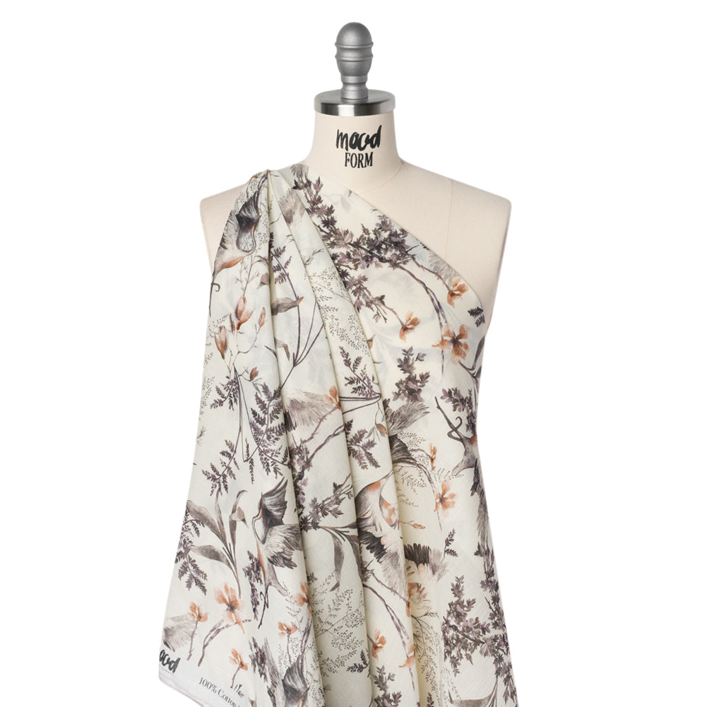 Crinkled Cotton Gauzy Woven - Russet, Aubergine and Black Cranes in the Branches - Mood Exclusive Winged Serenity Print - Drape