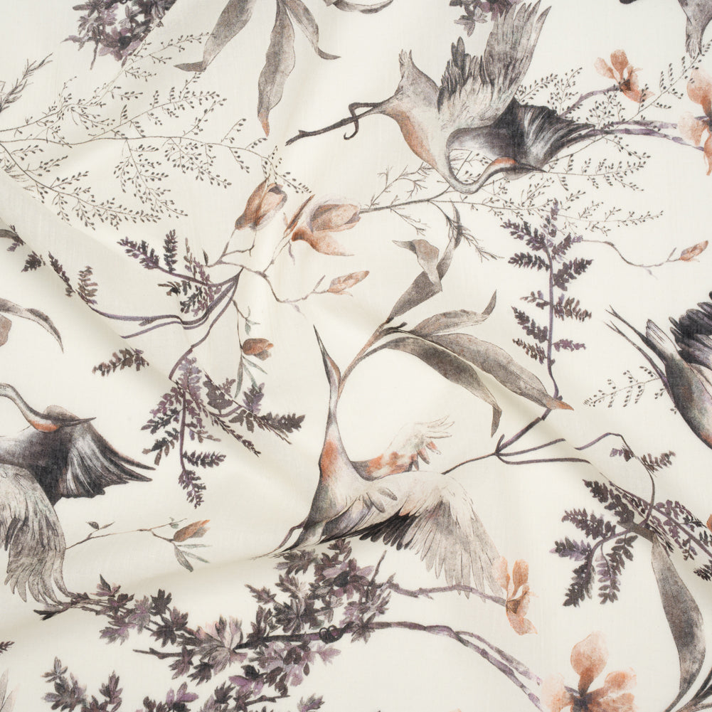 Crinkled Cotton Gauzy Woven - Russet, Aubergine and Black Cranes in the Branches - Mood Exclusive Winged Serenity Print