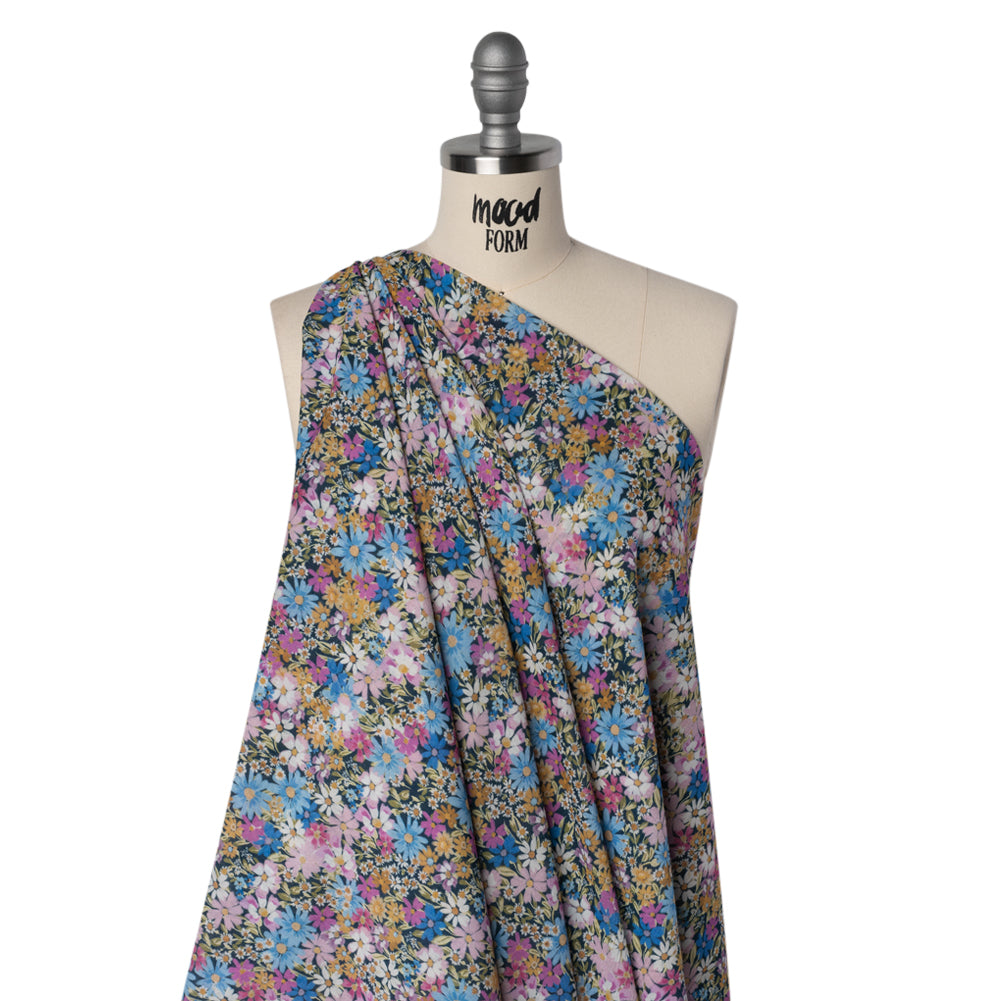 Crinkled Cotton Gauzy Woven - Blue, Light Purple and Golden Yellow Floral - Mood Exclusive Dandy Daisy Print