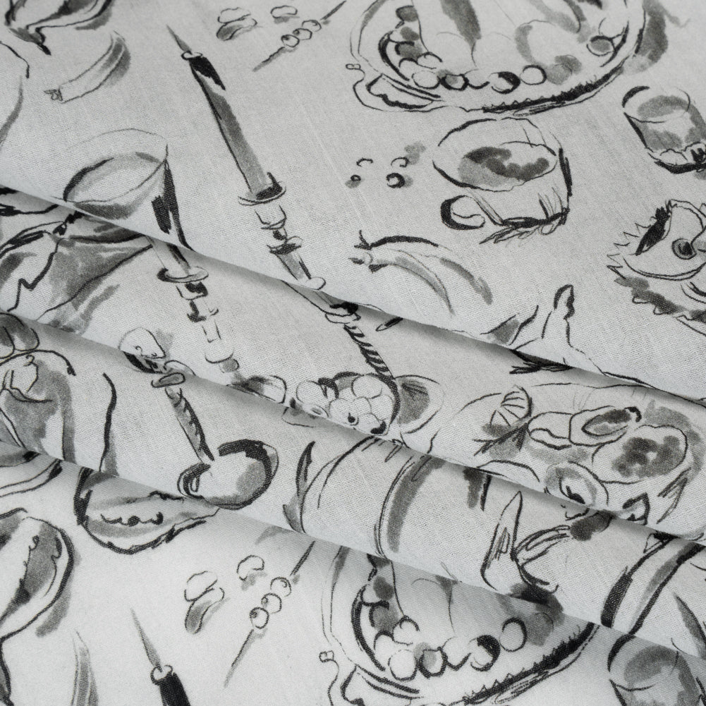 Crinkled Cotton Gauzy Woven - Black, White and Gray Food Sketches - Mood Exclusive Dinner Party Print