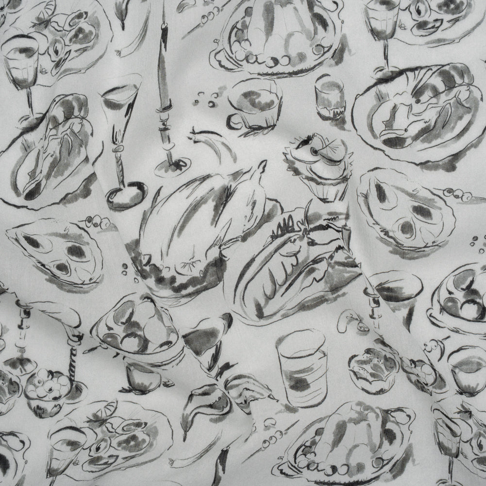 Crinkled Cotton Gauzy Woven - Black, White and Gray Food Sketches - Mood Exclusive Dinner Party Print