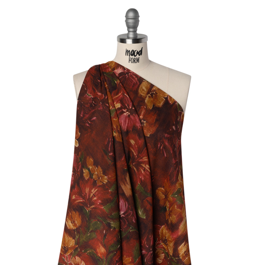 Crinkled Cotton Gauzy Woven - Burgundy, Yellow Ochre and Green Painterly Ikat Floral - Mood Exclusive Cabernet Crocus Print