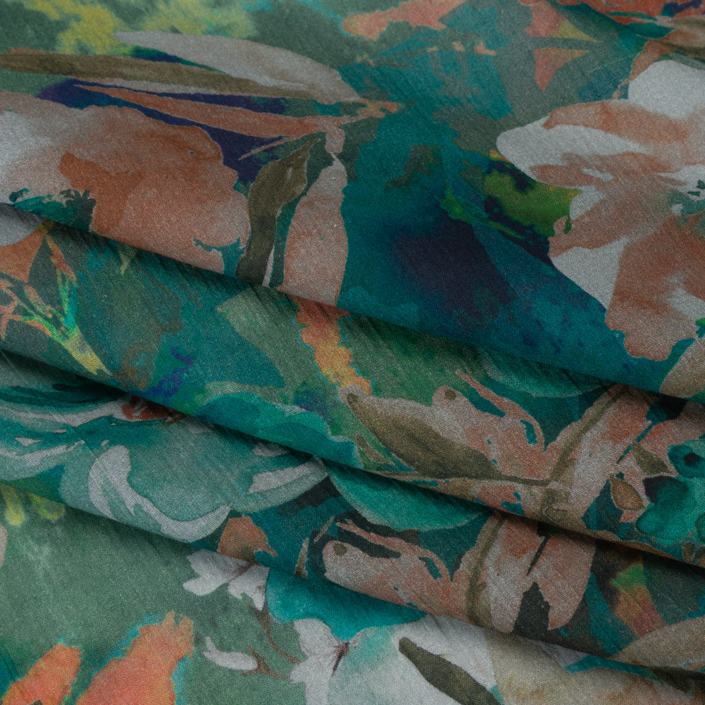 Crinkled Cotton Gauzy Woven - Teal, Tan and Blue Painterly Floral - Mood Exclusive Moonflower Mirage Print