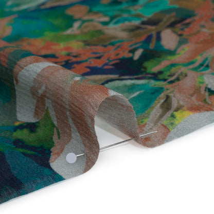 Crinkled Cotton Gauzy Woven - Teal, Tan and Blue Painterly Floral - Mood Exclusive Moonflower Mirage Print