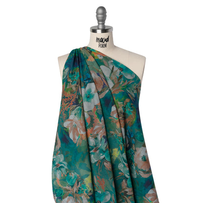 Crinkled Cotton Gauzy Woven - Teal, Tan and Blue Painterly Floral - Mood Exclusive Moonflower Mirage Print