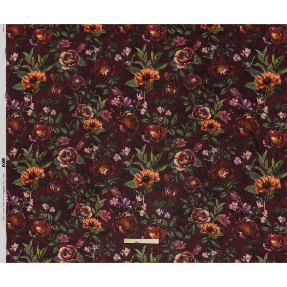 Crinkled Cotton Gauzy Woven - Wine Red, Coral and Green Floral - Mood Exclusive Romantic Nights Print - Full