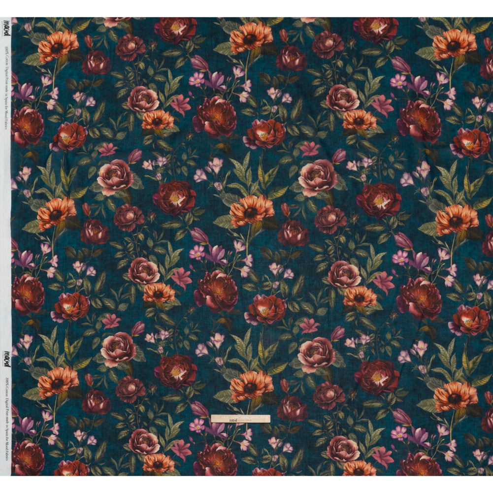 Crinkled Cotton Gauzy Woven - Dark Cobalt, Wine Red and Green Floral - Mood Exclusive Romantic Nights Print - Full