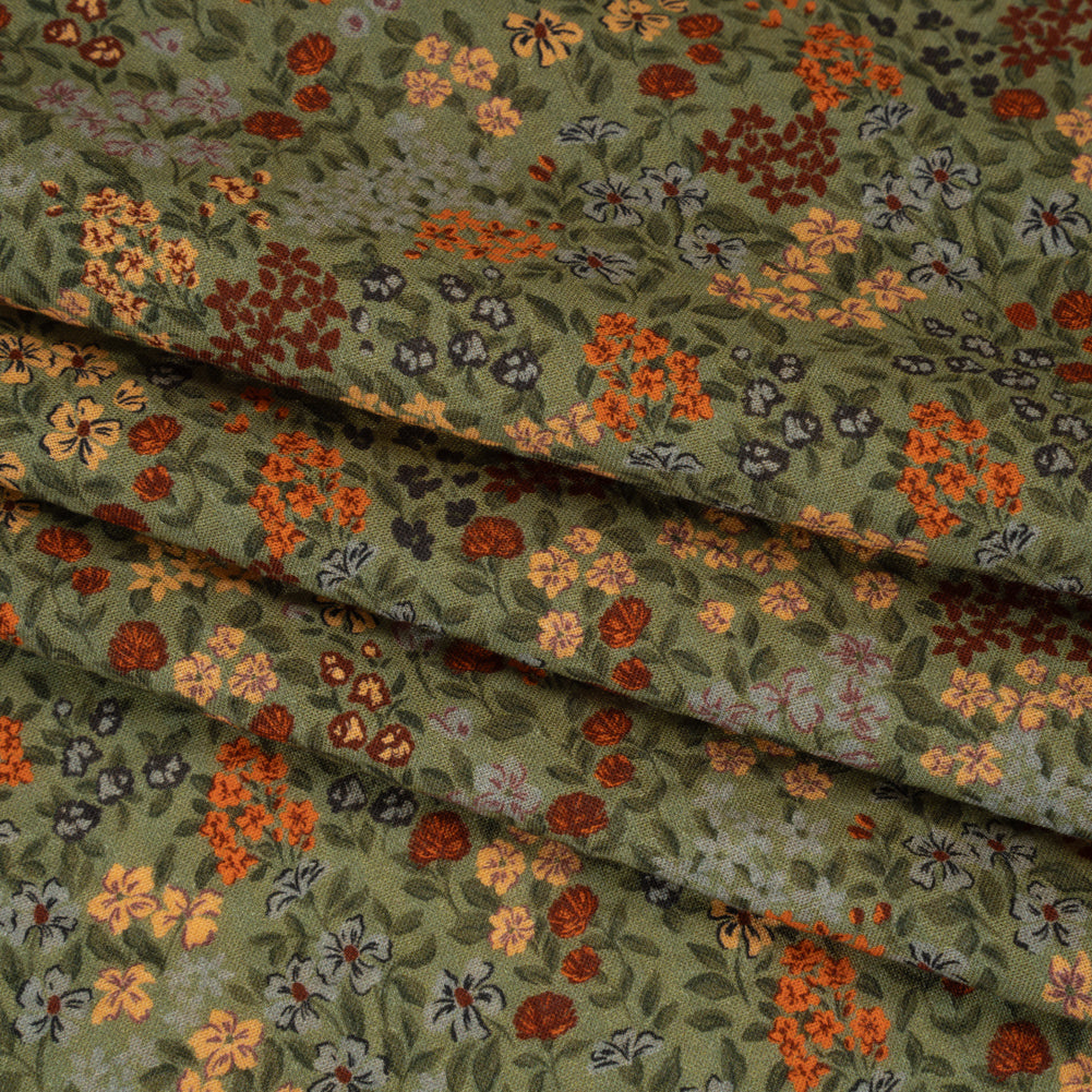 Cotton and Viscose Striped Seersucker - Sage Green, Dark Red and Beige Bunches of Flowers - Mood Exclusive Sunny Sprouts Print Folded