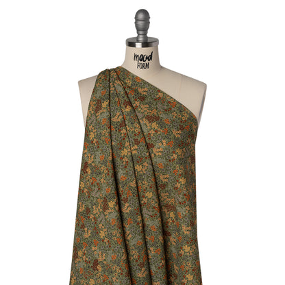 Cotton and Viscose Striped Seersucker - Sage Green, Dark Red and Beige Bunches of Flowers - Mood Exclusive Sunny Sprouts Print Drape