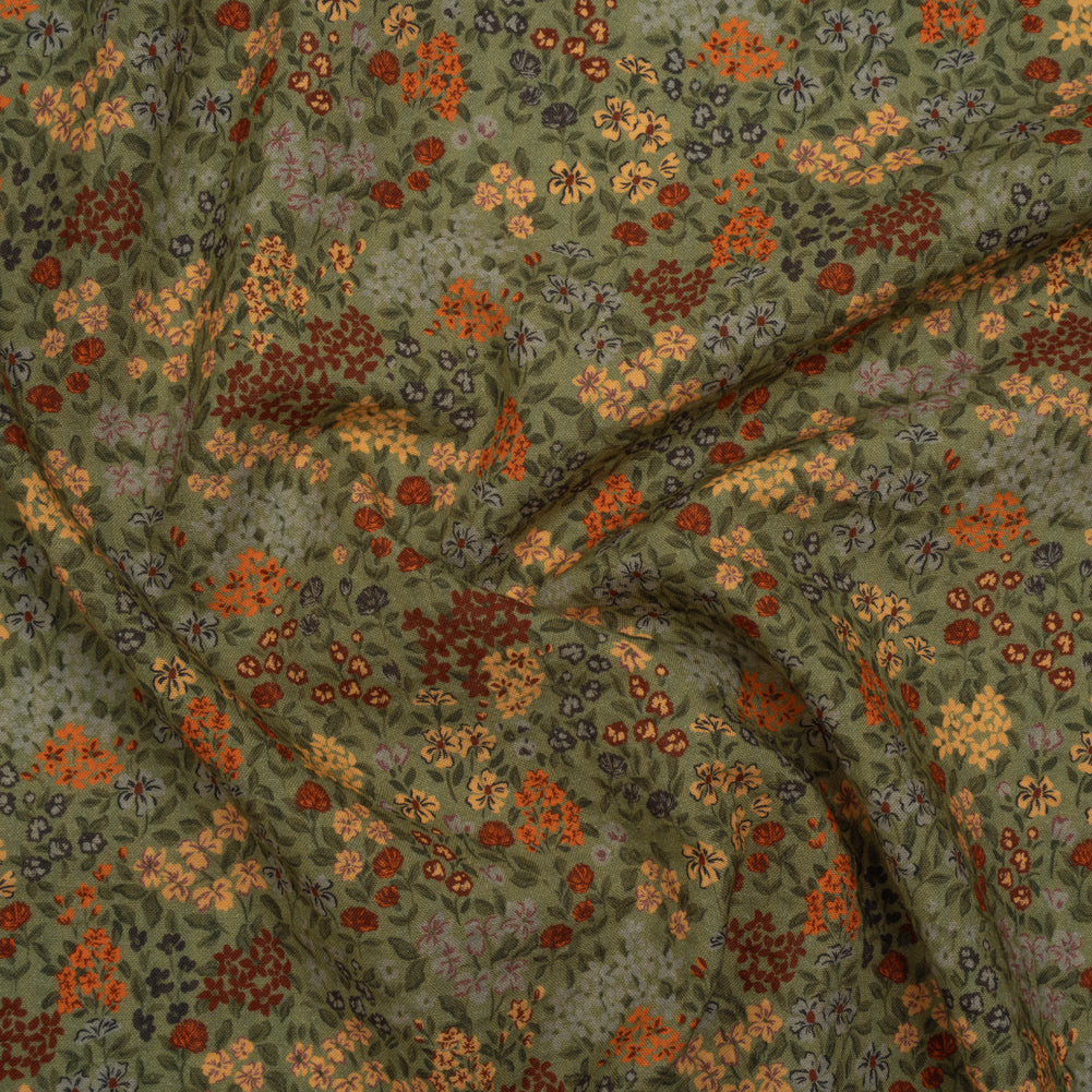 Cotton and Viscose Striped Seersucker - Sage Green, Dark Red and Beige Bunches of Flowers - Mood Exclusive Sunny Sprouts Print