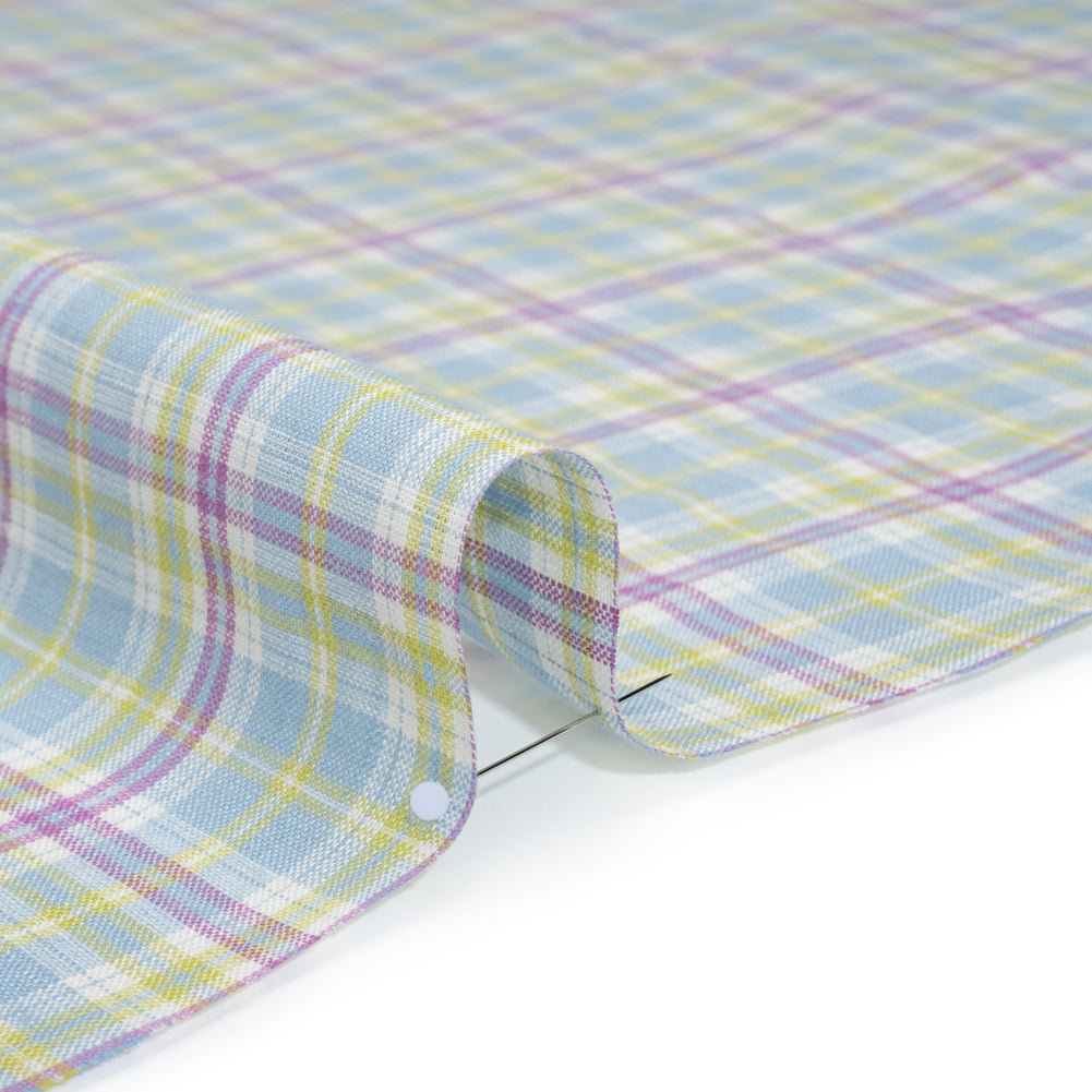Lightweight Linen Woven - Purple, Sky Blue and Lime Green Plaid - Detail
