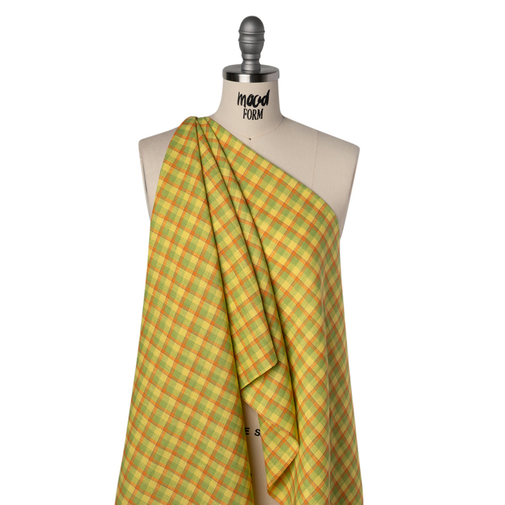Lightweight Linen Woven - Bright Yellow, Orange and Lime Green Plaid