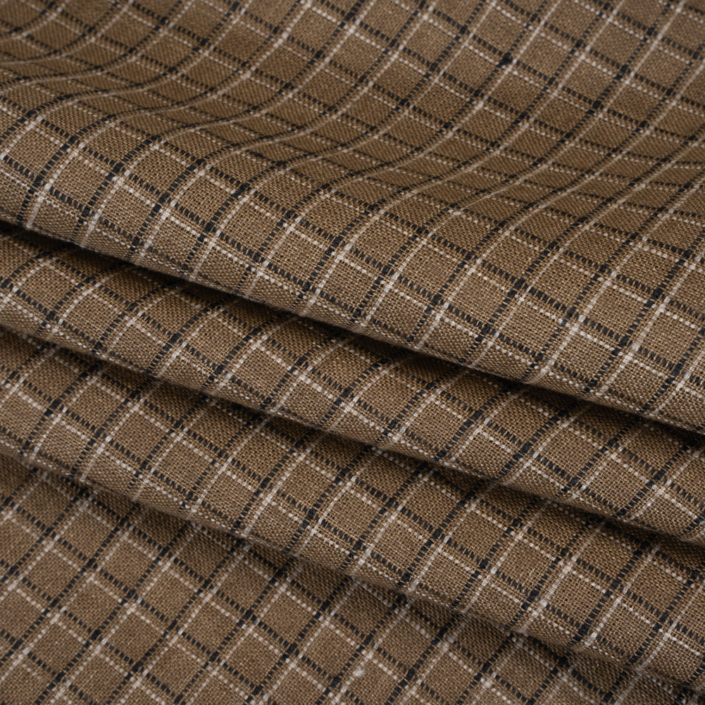 Medium Weight Linen Woven - Textured Brown, Black and Gray Shadow Windowpane Checks
