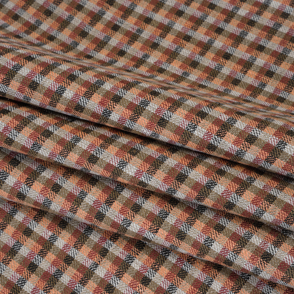 Linen Twill - Brown, Coral and Strawberry Red Plaid Folded