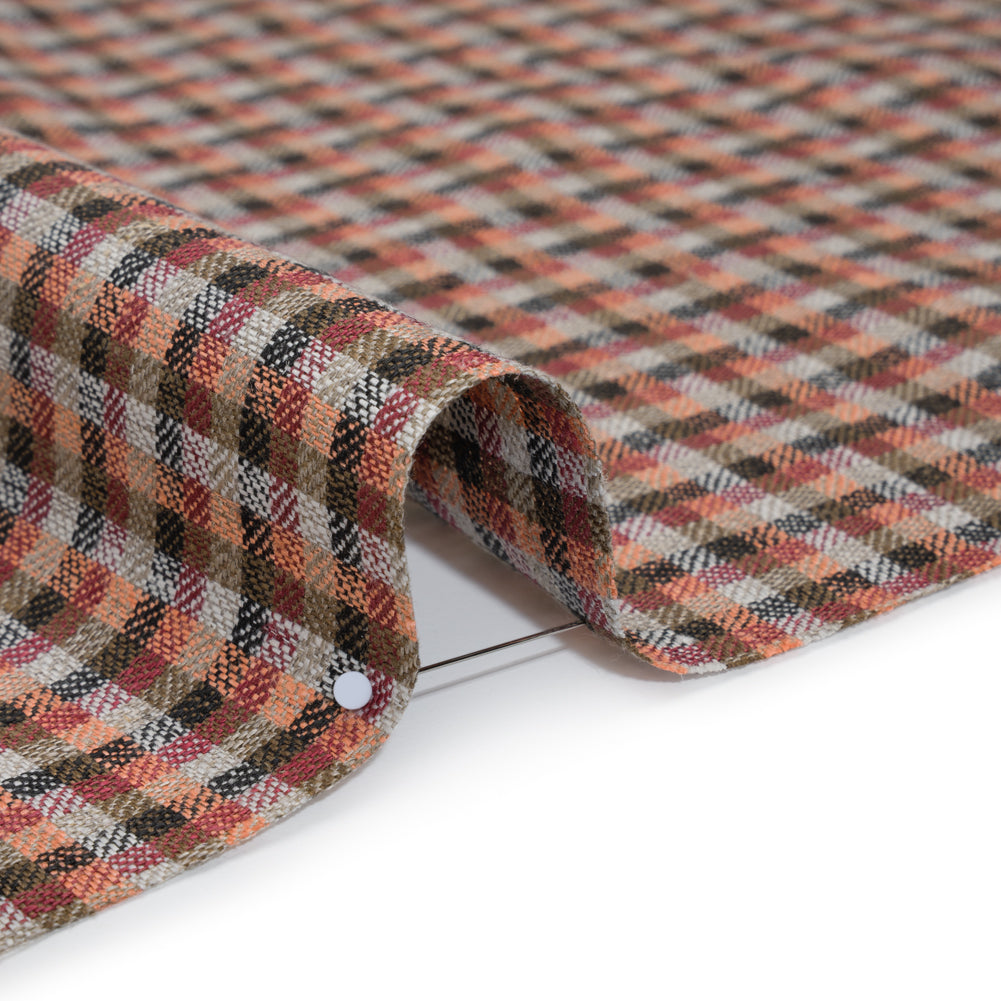 Linen Twill - Brown, Coral and Strawberry Red Plaid Detail