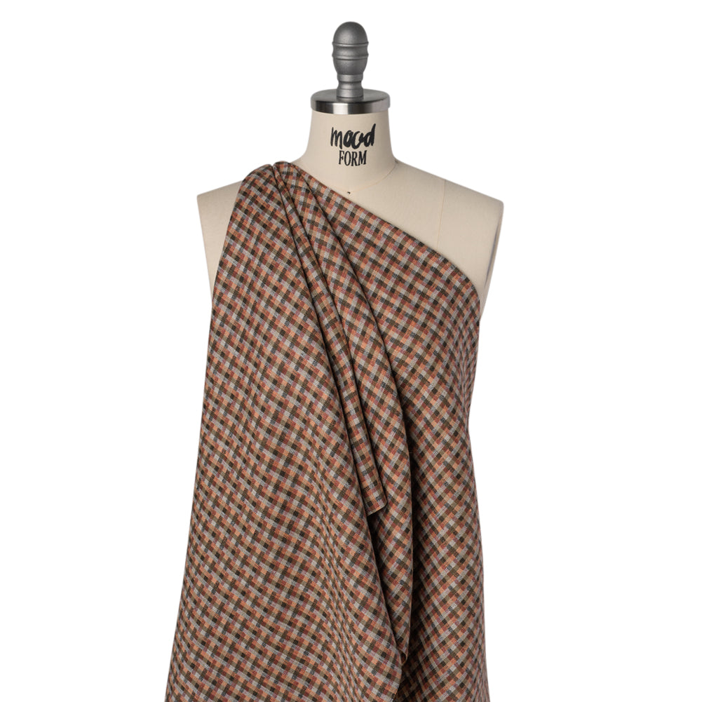 Linen Twill - Brown, Coral and Strawberry Red Plaid Drape
