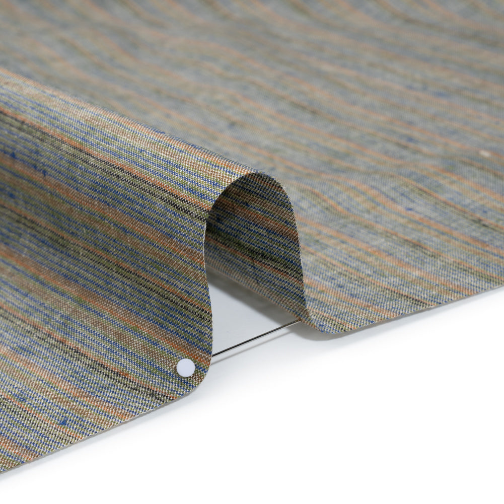 Medium Weight Linen Woven - Blue, Orange and Olive Stripes